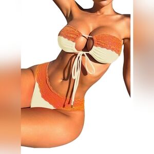 NEW‎ Boho Butterly Orange and Cream Lace Bandeu Summer Bikini-(#1,462)